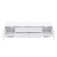 Meuble TV moderne JVNOXK de 180 cm, convient aux téléviseurs de 75 pouces et moins, avec armoire de rangement à 4 tiroirs et pied central en métal, blanc