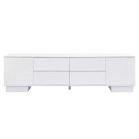 Meuble TV moderne JVNOXK de 180 cm, convient aux téléviseurs de 75 pouces et moins, avec armoire de rangement à 4 tiroirs et pied central en métal, blanc