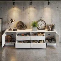 Meuble TV moderne JVNOXK de 180 cm, convient aux téléviseurs de 75 pouces et moins, avec armoire de rangement à 4 tiroirs et pied central en métal, blanc