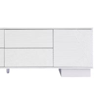 Meuble TV moderne JVNOXK de 180 cm, convient aux téléviseurs de 75 pouces et moins, avec armoire de rangement à 4 tiroirs et pied central en métal, blanc