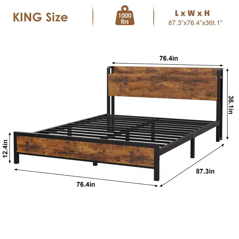 Cadre de lit taille King avec tête de lit de rangement, lit plateforme King industriel avec station de recharge et ports USB, sans sommier requis - marron rustique