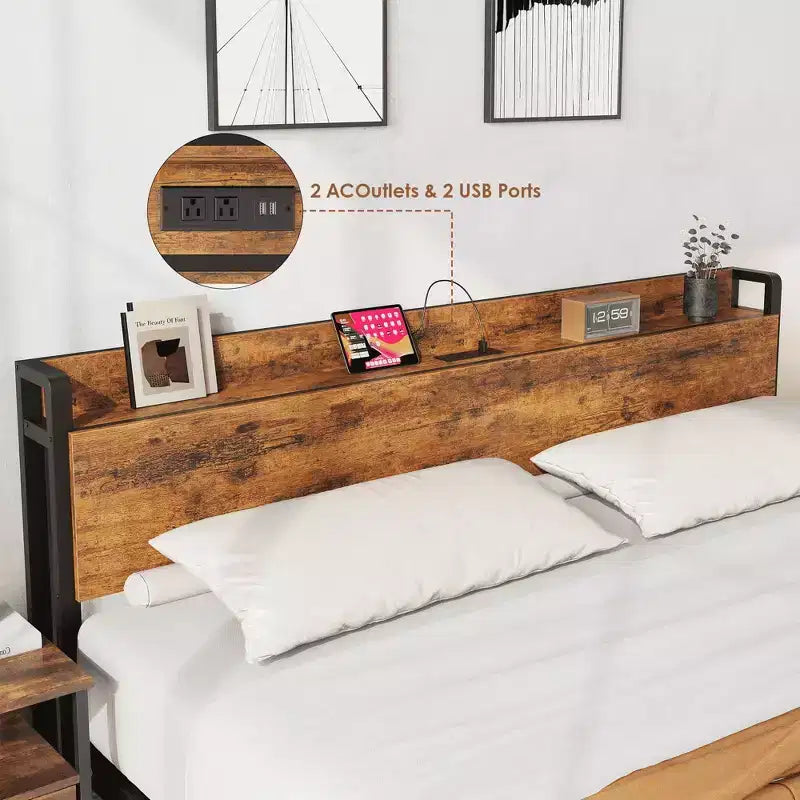 Cadre de lit taille King avec tête de lit de rangement, lit plateforme King industriel avec station de recharge et ports USB, sans sommier requis - marron rustique