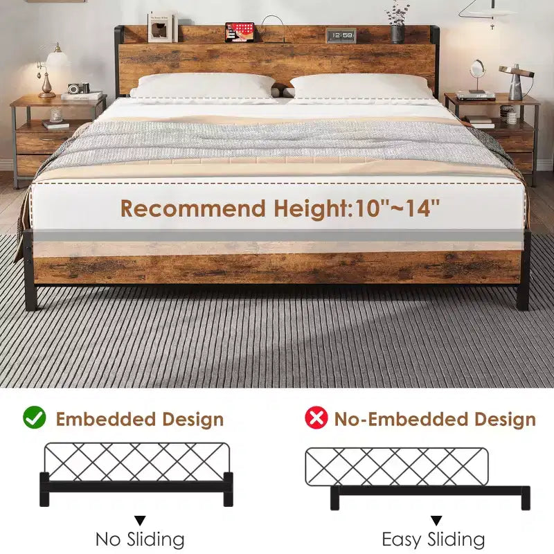 Cadre de lit taille King avec tête de lit de rangement, lit plateforme King industriel avec station de recharge et ports USB, sans sommier requis - marron rustique
