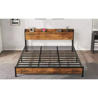 Cadre de lit King Size avec tête de lit de rangement, plateforme de lit King industrielle avec station de recharge et ports USB, sommier tapissier non requis - Marron rustique