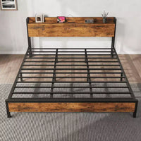 Cadre de lit King Size avec tête de lit de rangement, plateforme de lit King industrielle avec station de recharge et ports USB, sommier tapissier non requis - Marron rustique