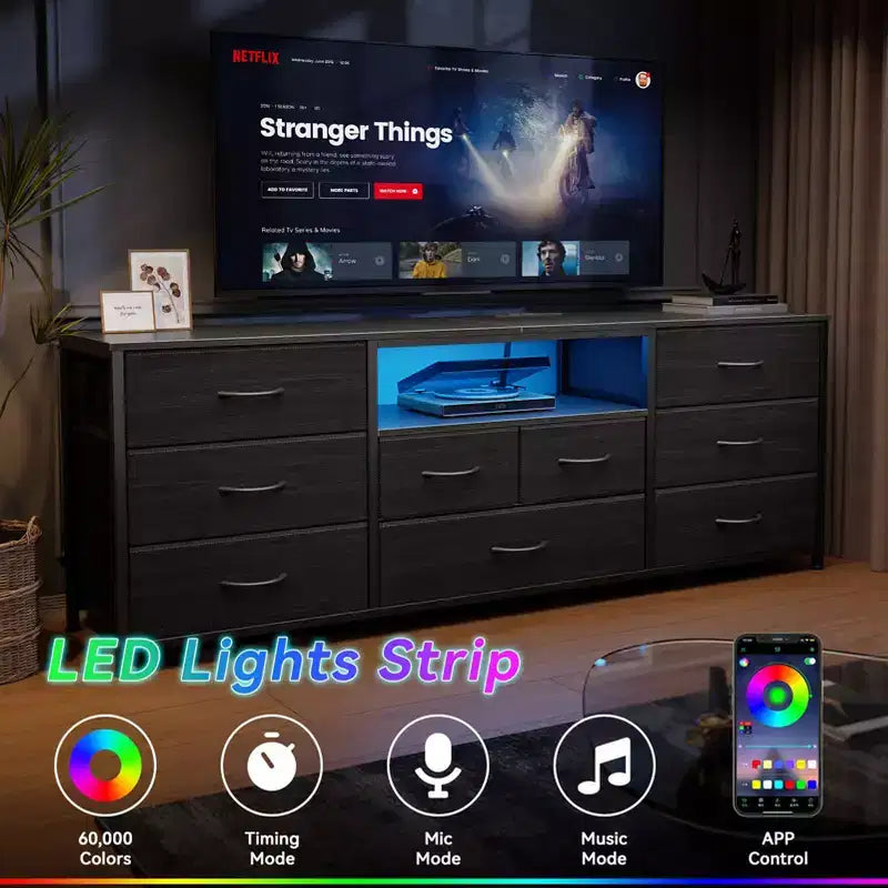 Commode large 9 tiroirs pour chambre, 63 po, coffre de rangement noir en tissu avec lumières LED et prises électriques, compatible téléviseur 75 po, meuble TV organisateur