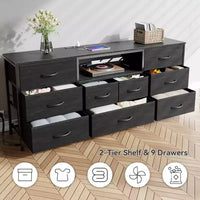 Commode large 9 tiroirs pour chambre, 63 po, coffre de rangement noir en tissu avec lumières LED et prises électriques, compatible téléviseur 75 po, meuble TV organisateur