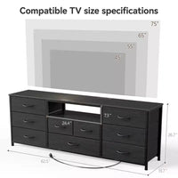 Commode large 9 tiroirs pour chambre, 63 po, coffre de rangement noir en tissu avec lumières LED et prises électriques, compatible téléviseur 75 po, meuble TV organisateur