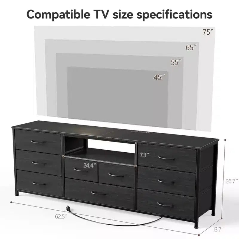 Commode large 9 tiroirs pour chambre, 63 po, coffre de rangement noir en tissu avec lumières LED et prises électriques, compatible téléviseur 75 po, meuble TV organisateur