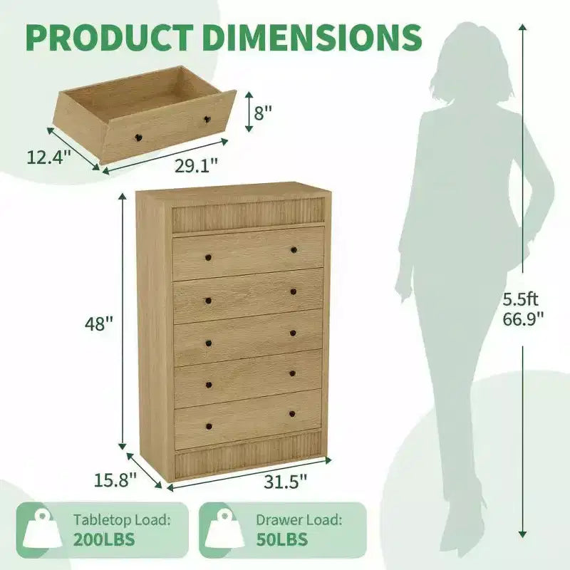 Commode haute Coolmee 5 tiroirs pour chambre, commode cannelée large 31,5 po, meuble de rangement moderne en bois pour chambre d'enfant, couloir, salon