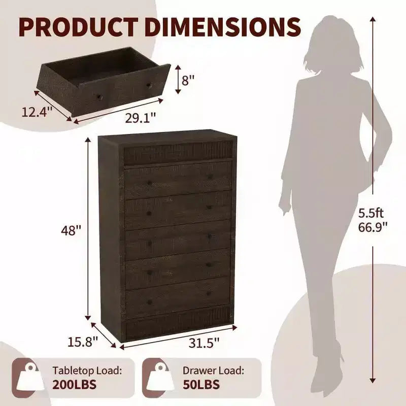 Commode haute Coolmee 5 tiroirs pour chambre, commode cannelée large 31,5 po, meuble de rangement moderne en bois pour chambre d'enfant, couloir, salon