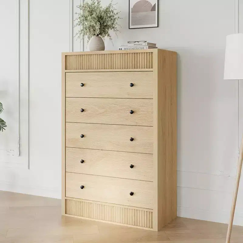 Coolmee Commode Haute 5 Tiroirs pour Chambre, Commode Cannelée de 80 cm de Large, Armoire de Rangement en Bois Moderne pour Chambre d'Enfant, Couloir, Salon