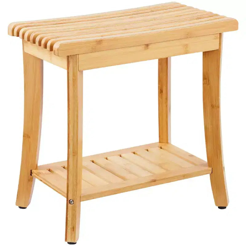 Banc de douche en bambou, 48,5 x 28,7 x 46,5 cm, tabouret de douche étanche avec étagère de rangement, siège de bain de 150 kg pour intérieur et extérieur