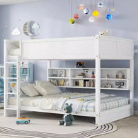 Lit superposé Queen sur Queen avec armoires de rangement, cadre de lit superposé en bois Queen avec station de charge pour enfants et adolescents