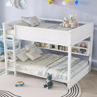 Lit superposé Queen sur Queen avec armoires de rangement, cadre de lit superposé en bois Queen avec station de charge pour enfants et adolescents