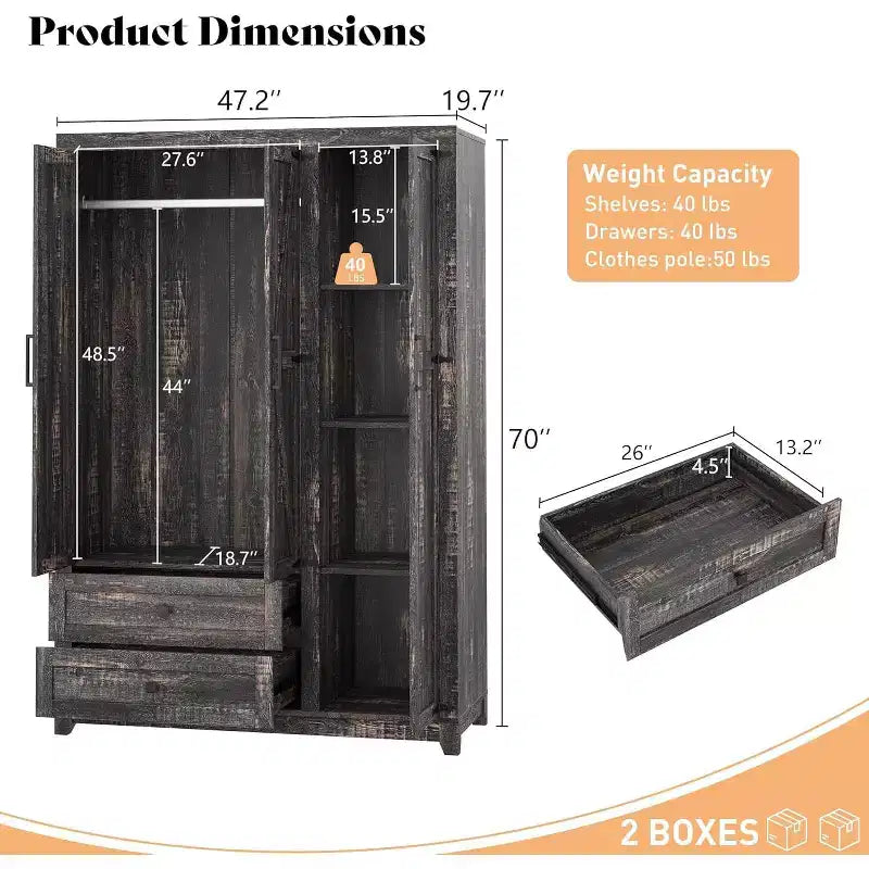 Armoire-penderie style ferme AMERLIFE 47 avec 3 portes, 2 tiroirs, barre de suspension et étagères réglables, organiseur de placard autoportant