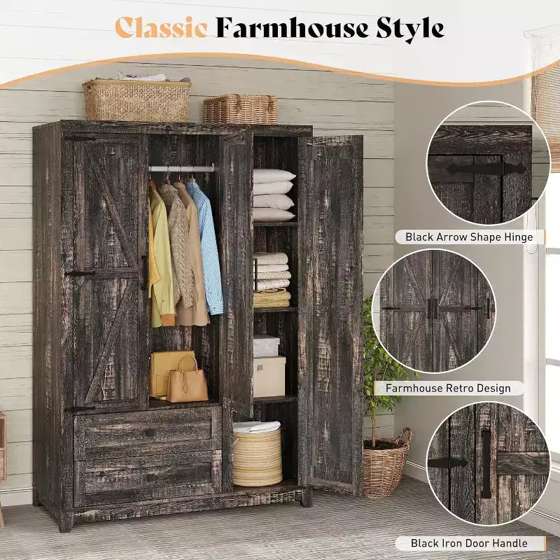 Armoire-penderie style ferme AMERLIFE 47 avec 3 portes, 2 tiroirs, barre de suspension et étagères réglables, organiseur de placard autoportant