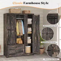AMERLIFE Armoire de garde-robe de ferme 47 avec 3 portes, 2 tiroirs, tringle à vêtements et étagères réglables, organisateur de placard autoportant