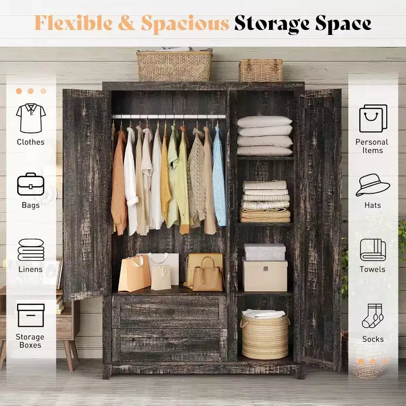 Armoire-penderie style ferme AMERLIFE 47 avec 3 portes, 2 tiroirs, barre de suspension et étagères réglables, organiseur de placard autoportant