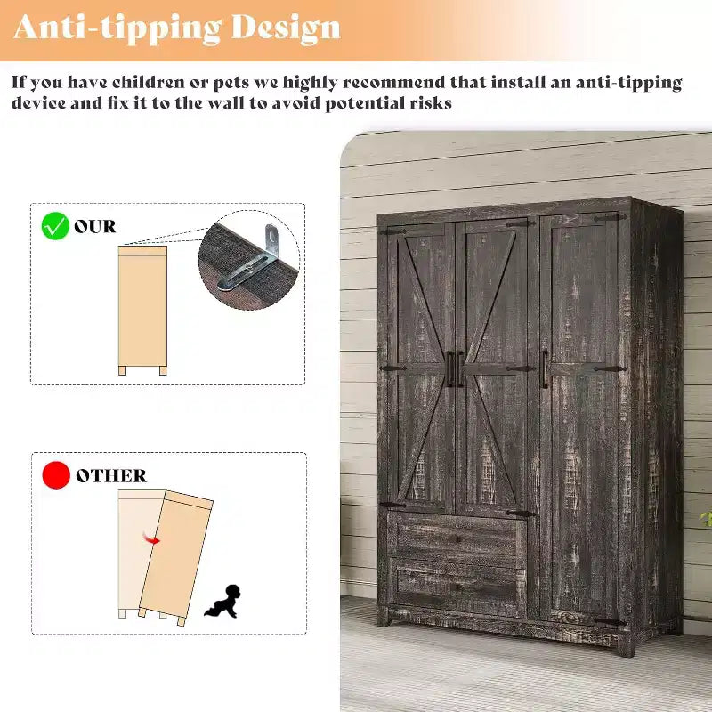 Armoire-penderie style ferme AMERLIFE 47 avec 3 portes, 2 tiroirs, barre de suspension et étagères réglables, organiseur de placard autoportant