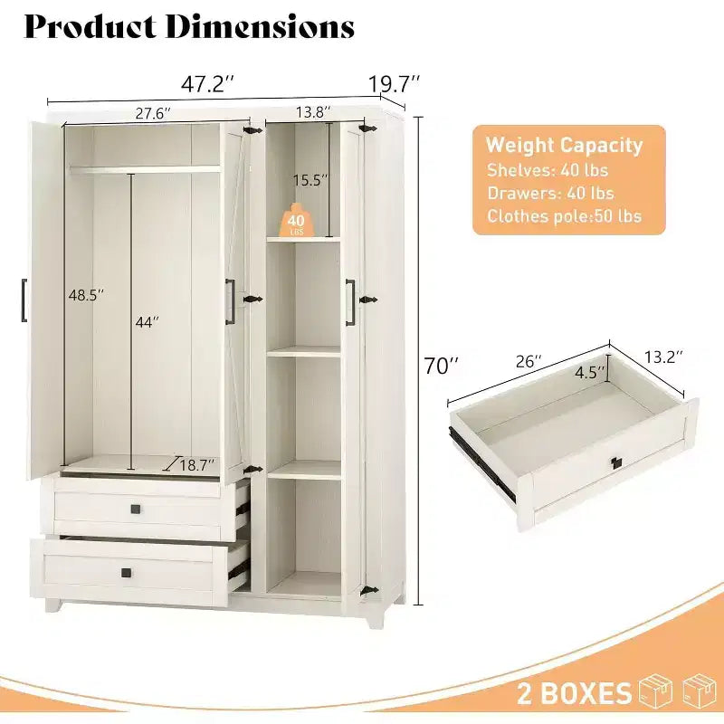 Armoire-penderie style ferme AMERLIFE 47 avec 3 portes, 2 tiroirs, barre de suspension et étagères réglables, organiseur de placard autoportant