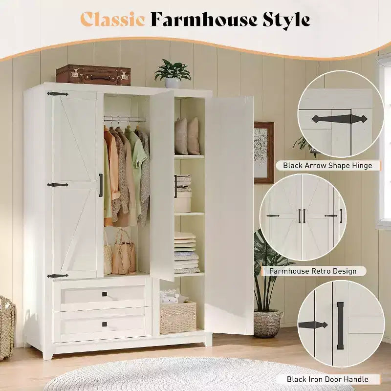 Armoire-penderie style ferme AMERLIFE 47 avec 3 portes, 2 tiroirs, barre de suspension et étagères réglables, organiseur de placard autoportant