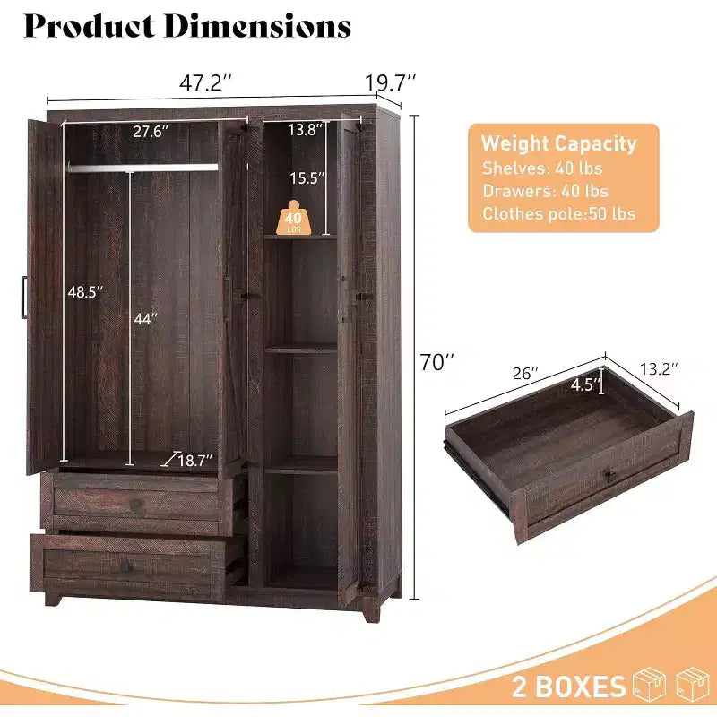 Armoire-penderie style ferme AMERLIFE 47 avec 3 portes, 2 tiroirs, barre de suspension et étagères réglables, organiseur de placard autoportant