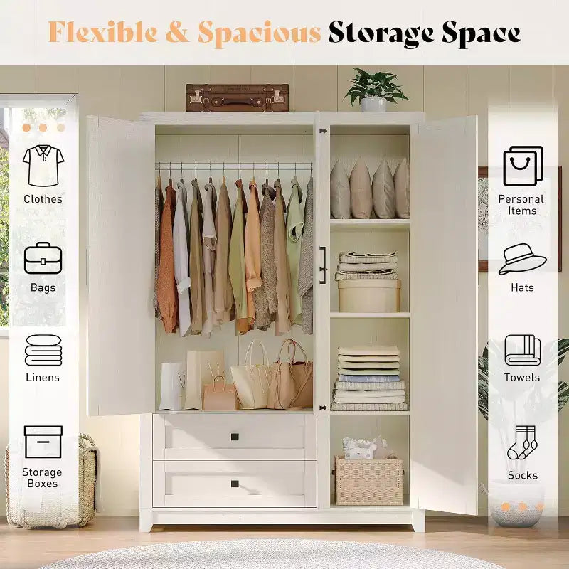 Armoire-penderie style ferme AMERLIFE 47 avec 3 portes, 2 tiroirs, barre de suspension et étagères réglables, organiseur de placard autoportant