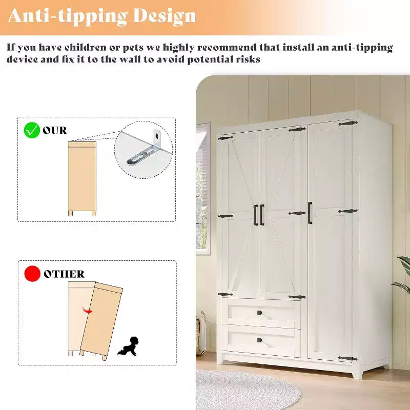 Armoire-penderie style ferme AMERLIFE 47 avec 3 portes, 2 tiroirs, barre de suspension et étagères réglables, organiseur de placard autoportant