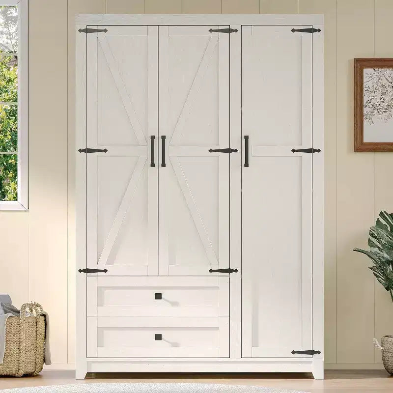 Armoire-penderie style ferme AMERLIFE 47 avec 3 portes, 2 tiroirs, barre de suspension et étagères réglables, organiseur de placard autoportant