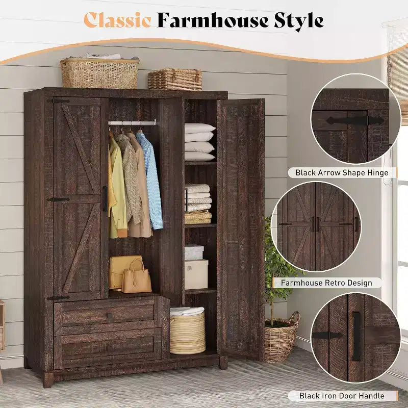 Armoire-penderie style ferme AMERLIFE 47 avec 3 portes, 2 tiroirs, barre de suspension et étagères réglables, organiseur de placard autoportant