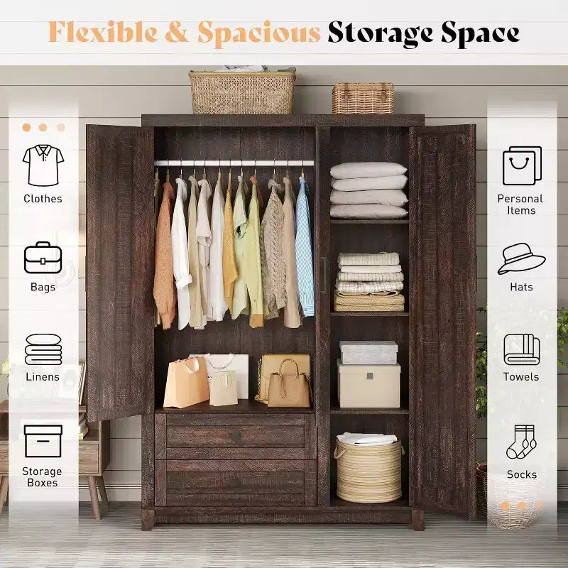 Armoire-penderie style ferme AMERLIFE 47 avec 3 portes, 2 tiroirs, barre de suspension et étagères réglables, organiseur de placard autoportant