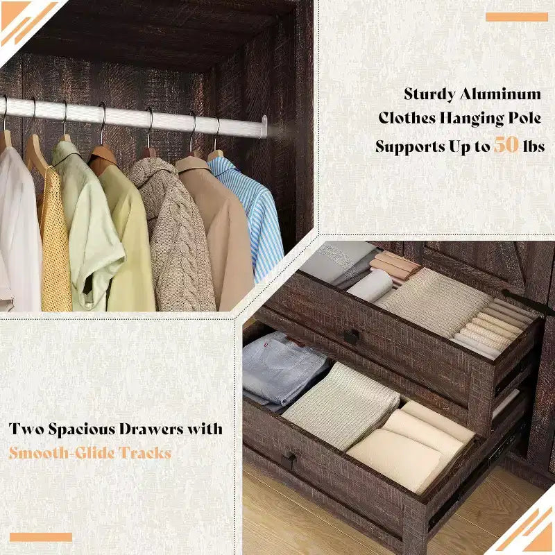 Armoire-penderie style ferme AMERLIFE 47 avec 3 portes, 2 tiroirs, barre de suspension et étagères réglables, organiseur de placard autoportant
