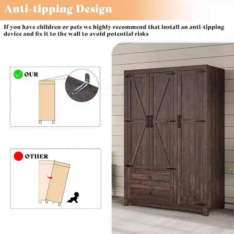 Armoire-penderie style ferme AMERLIFE 47 avec 3 portes, 2 tiroirs, barre de suspension et étagères réglables, organiseur de placard autoportant