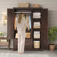 AMERLIFE Armoire de garde-robe de ferme 47 avec 3 portes, 2 tiroirs, tringle à vêtements et étagères réglables, organisateur de placard autoportant