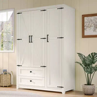 AMERLIFE Armoire de garde-robe de ferme 47 avec 3 portes, 2 tiroirs, tringle à vêtements et étagères réglables, organisateur de placard autoportant