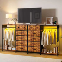 Commode 49,2 po avec portant et lumières, tour de rangement 6 tiroirs avec station de recharge et plateau en bois réversible pour chambre