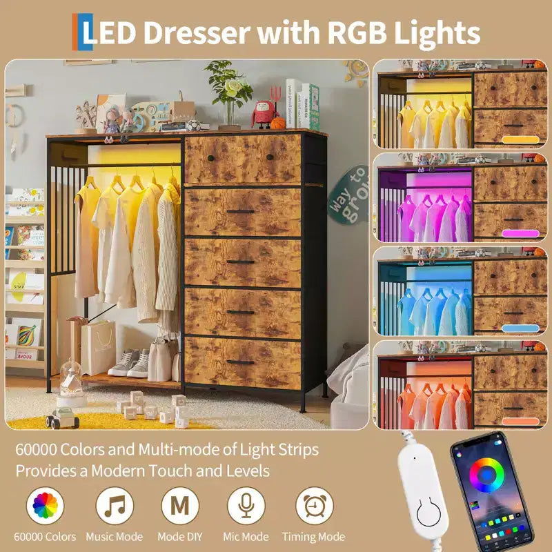 Commode 49,2 po avec portant et lumières, tour de rangement 6 tiroirs avec station de recharge et plateau en bois réversible pour chambre