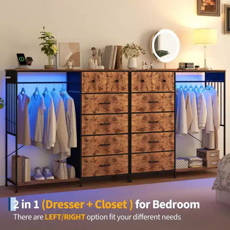 Commode 49,2 po avec portant et lumières, tour de rangement 6 tiroirs avec station de recharge et plateau en bois réversible pour chambre