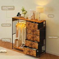 Commode 49,2 po avec portant et lumières, tour de rangement 6 tiroirs avec station de recharge et plateau en bois réversible pour chambre