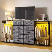 Commode 49,2 po avec portant et lumières, tour de rangement 6 tiroirs avec station de recharge et plateau en bois réversible pour chambre