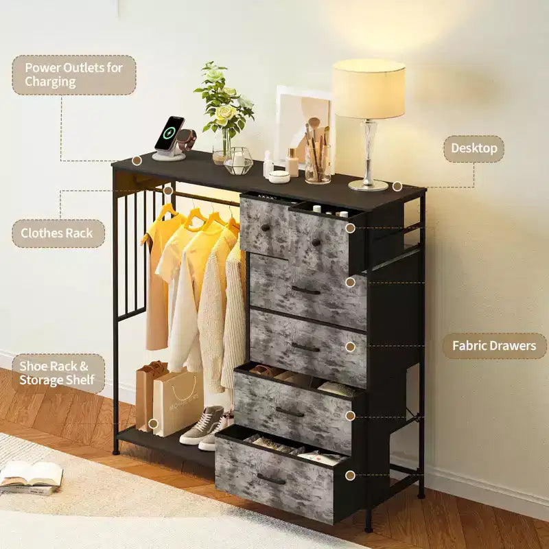Commode 49,2 po avec portant et lumières, tour de rangement 6 tiroirs avec station de recharge et plateau en bois réversible pour chambre