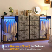 Commode 49,2 po avec portant et lumières, tour de rangement 6 tiroirs avec station de recharge et plateau en bois réversible pour chambre