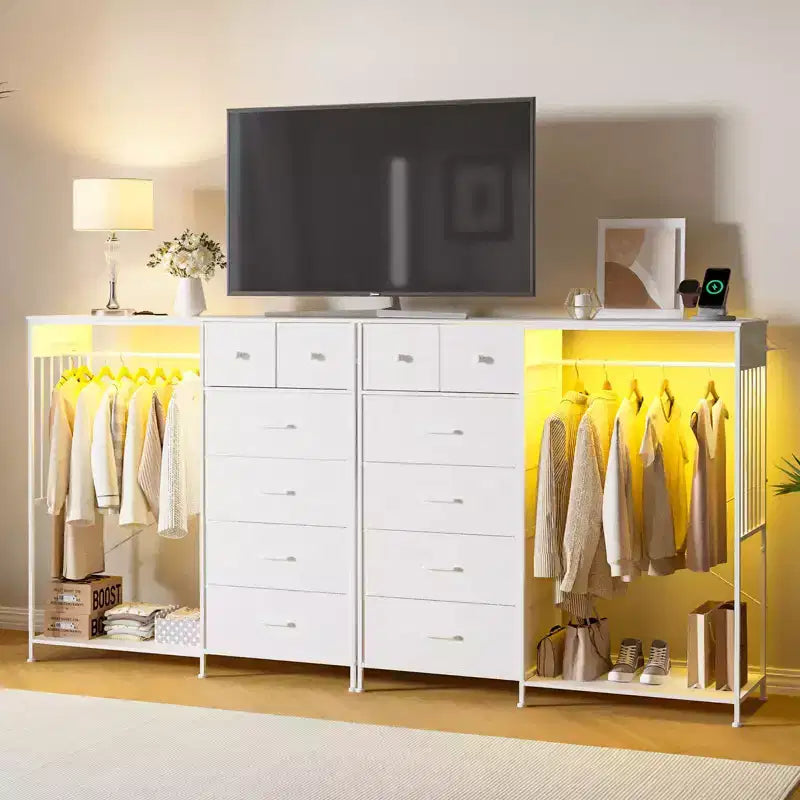 Commode 49,2 po avec portant et lumières, tour de rangement 6 tiroirs avec station de recharge et plateau en bois réversible pour chambre