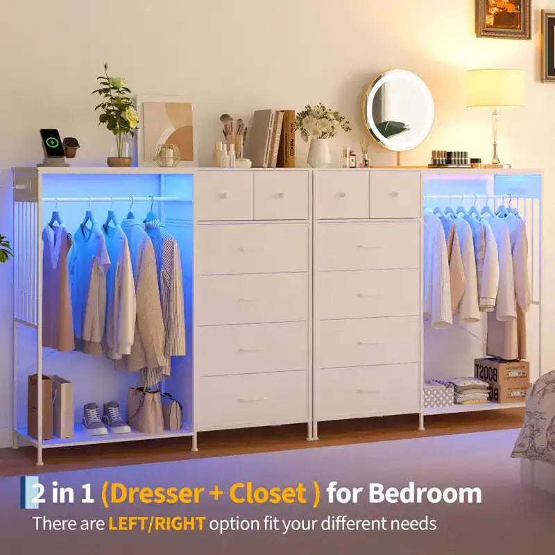 Commode 49,2 po avec portant et lumières, tour de rangement 6 tiroirs avec station de recharge et plateau en bois réversible pour chambre