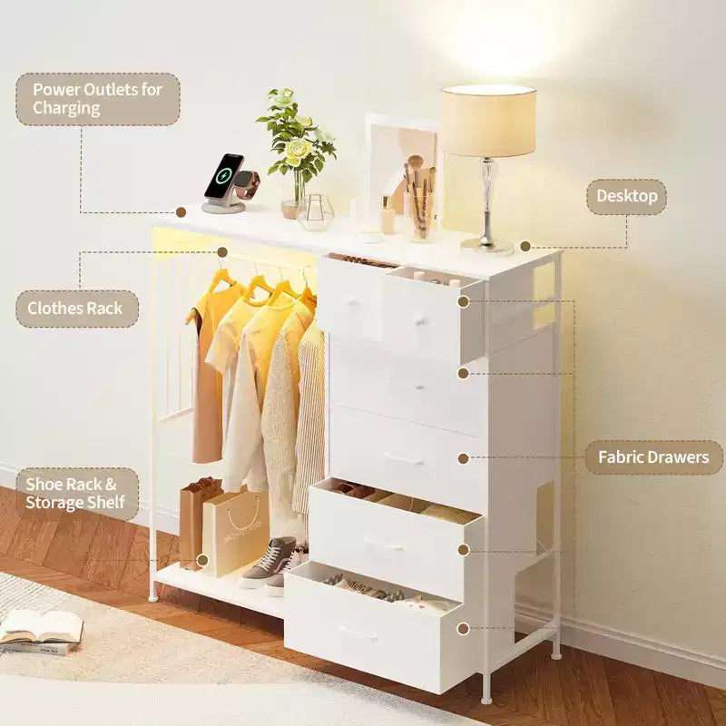 Commode 49,2 po avec portant et lumières, tour de rangement 6 tiroirs avec station de recharge et plateau en bois réversible pour chambre