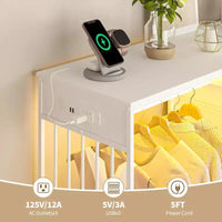 Commode 49,2 po avec portant et lumières, tour de rangement 6 tiroirs avec station de recharge et plateau en bois réversible pour chambre