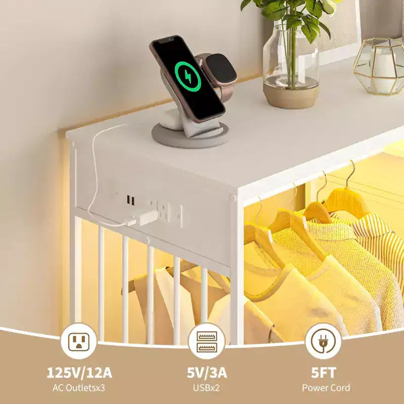 Commode 49,2 po avec portant et lumières, tour de rangement 6 tiroirs avec station de recharge et plateau en bois réversible pour chambre