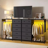 Commode 49,2 po avec portant et lumières, tour de rangement 6 tiroirs avec station de recharge et plateau en bois réversible pour chambre