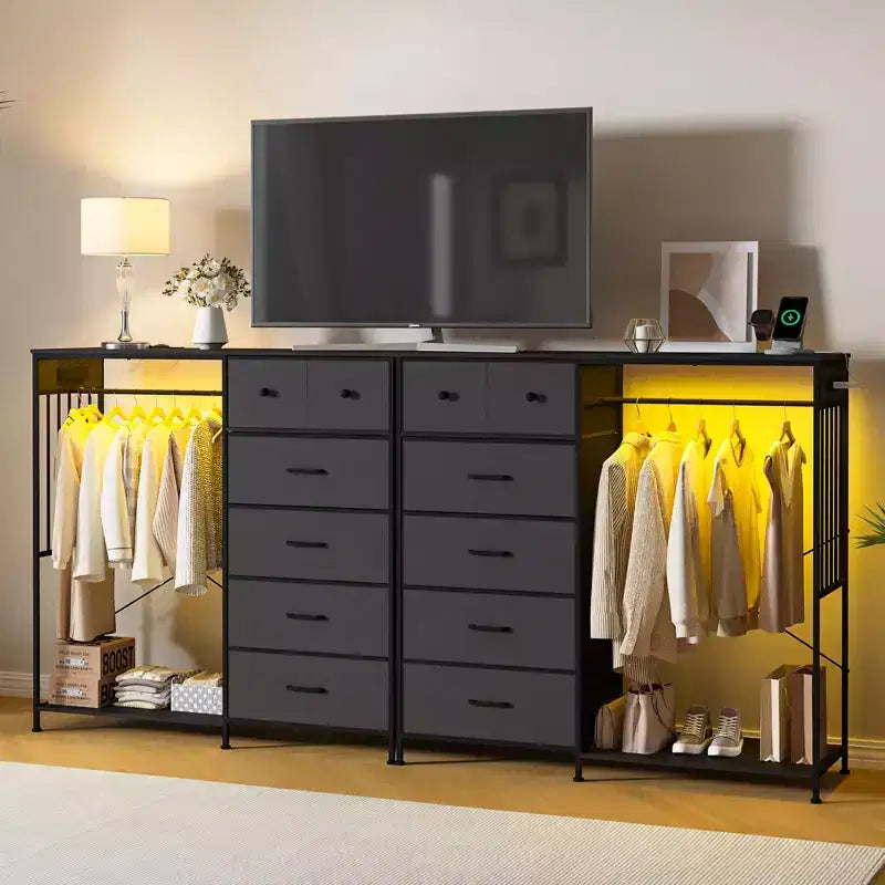 Commode 49,2 po avec portant et lumières, tour de rangement 6 tiroirs avec station de recharge et plateau en bois réversible pour chambre